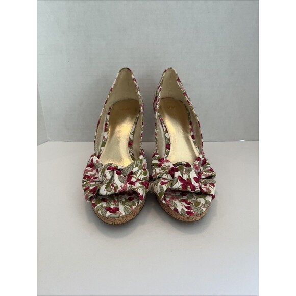 H&M Cork Wedge High Heels Canvas Cherries Peep Toe Size 8 - Picture 4 of 11